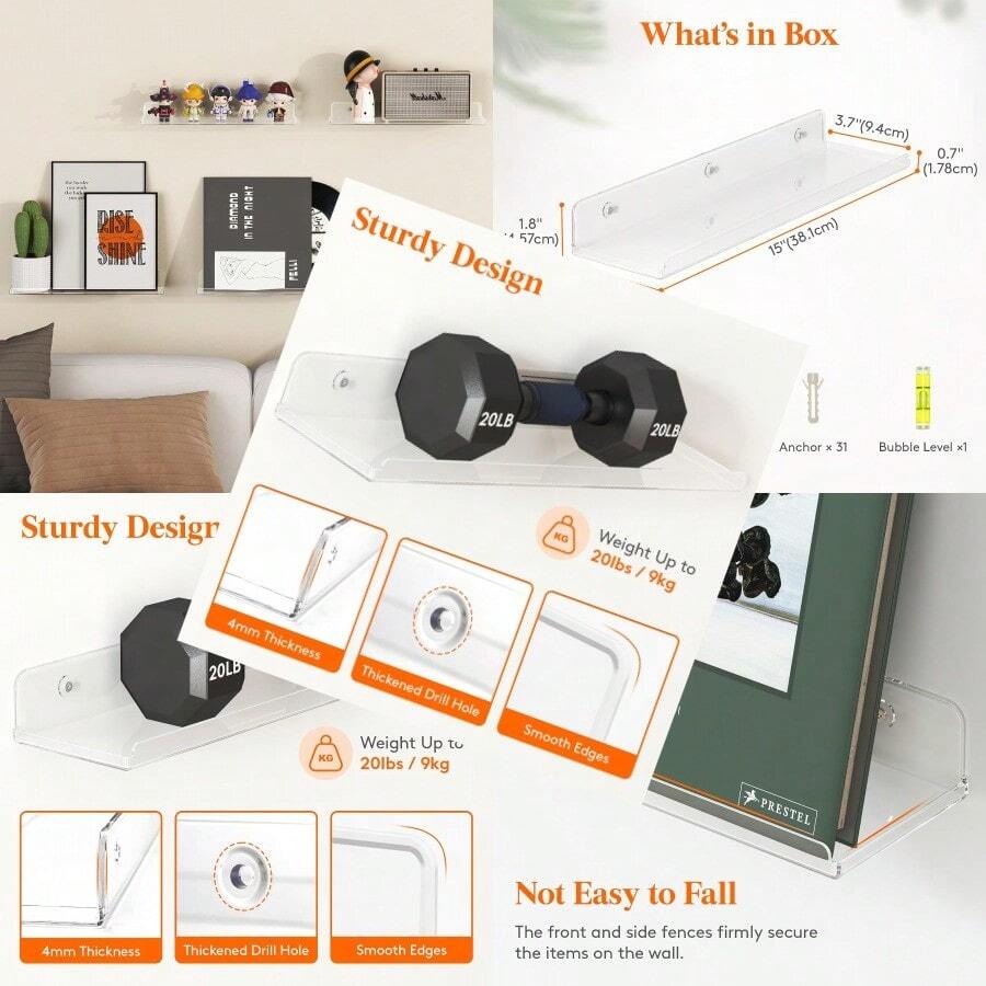 Lifewit Floating Shees Wall Mounted 10 Pack 15 Clear Acrylic Wall Storage Bookshelf Display Ledge Holder Decor For Book Magazine Photo Makeup Figure In Bathroom Living Room Bedroom Kitchen