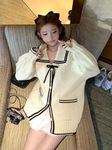 Áo len cardigan len dệt kim cổ cà vạt cỡ lớn phong cách hải quân - Màu be - Xem 3