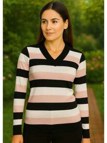 Women's Cold Weather Blouse | Women's Striped Long Sleeve Blouse | Striped V-Neck Blouse | Stripes - 查看 2
