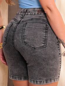 Women's Denim Shorts Bermuda Mid-Thigh High Waist Black Marbled Graphite Lift Butt Lift Lycra Elastane - 黑色 - 查看 2