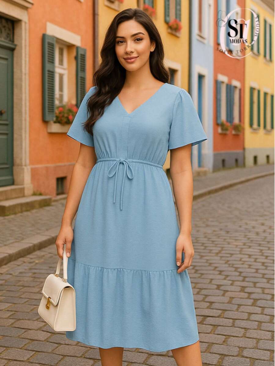 Women's Short Ruffle Dress Casual Duna Short Sleeve Midi Party Evangelical Fashion Elastic Waist. - 淡藍色 - 查看 1