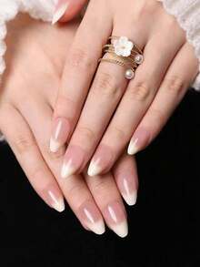 24 Peças Adesivos de Unhas Francesas Degradê em Formato de Amêndoa Curta com 1 Peça de Cola de Gel Gelatinoso