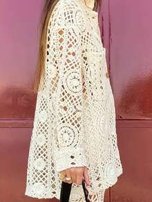 Oversized Loose Knit Crochet Hollow Out Cardigan Sweater For Women, French Style - Beige - View 4