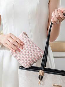 1 Pink Velvet Material Cosmetic Bag Travel Portable Storage Bag, Women's Cosmetic Bag Lipstick Bag, Travel Cosmetic Bag Storage Bag, Polka Dot Pattern Large Capacity Cosmetic Storage Bag, Toiletry Bag Large Capacity Velvet Storage Bag