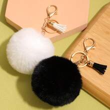 2个黑白仿毛皮绒球流苏钥匙扣，包包挂饰，万圣节配饰，教师节包包挂饰，汽车配饰，朋友姐妹礼物创意 - 黑色+白色 - 查看 5