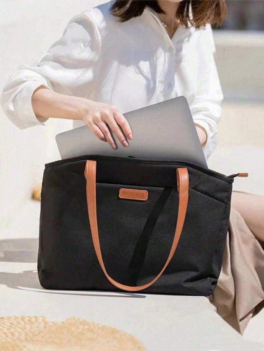 托特包女士包，女士笔记本电脑商务办公工作包，14 英寸电脑隔层单肩包女士顶部提手包手提包休闲包，大容量钱包女士托特包带拉链单肩流浪包购物旅行工作斜挎包 - 黑色 - 查看 1