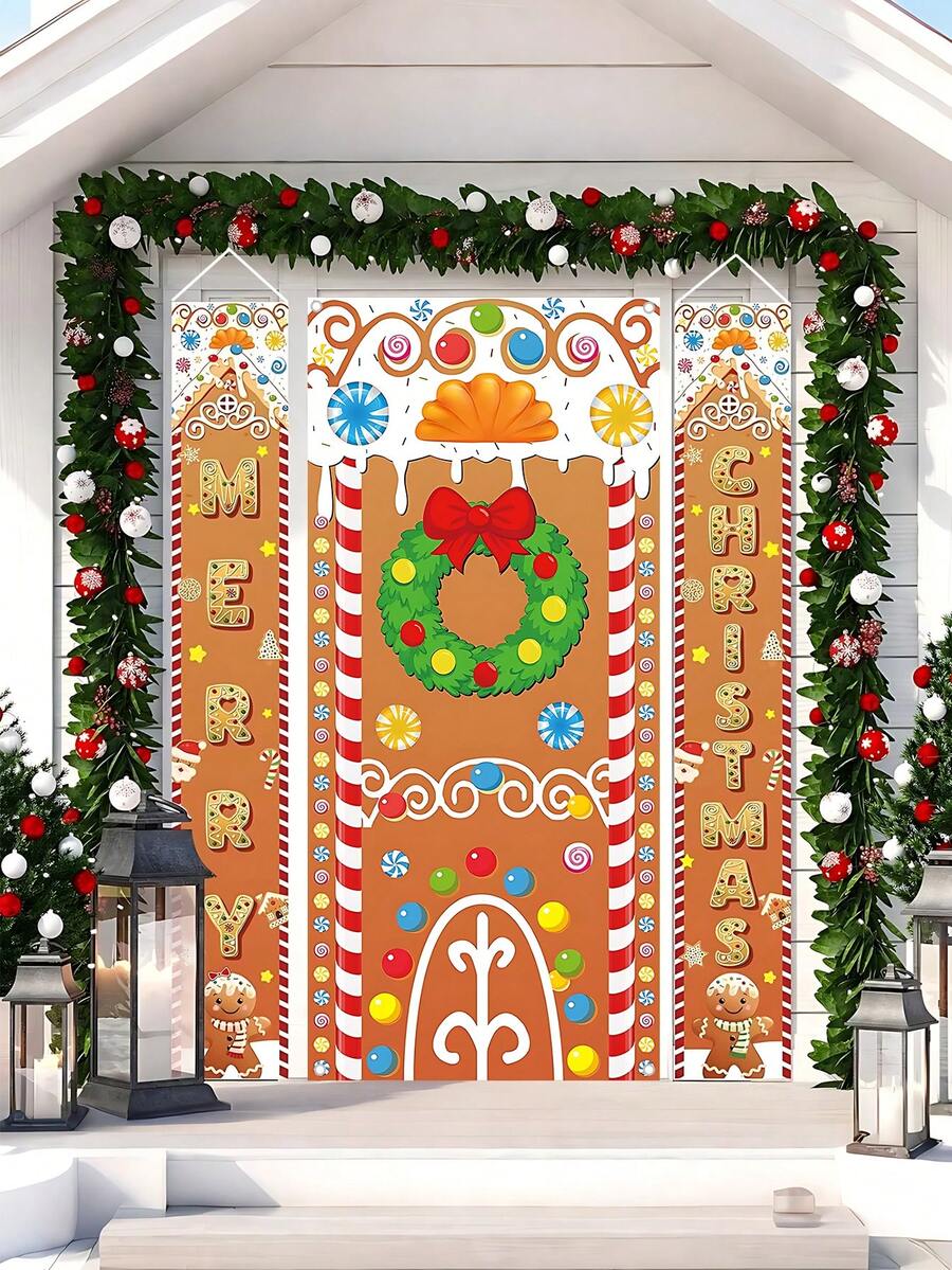 3 pièces Couverture de porte de décoration de pain d'épices de Noël Joyeux Noël avec motif de couronne. Décoration de porche, décor de festival de Noël, couvertures de porte à suspendre pour l'extérieur et l'intérieur, décoration pour la maison, l'école et la salle de classe