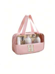 1 pièce Sac de maquillage organisateur en PVC transparent, design de lettre, sac de maquillage portable et imperméable, sac de toilette minimaliste avec patch initial, cadeau pour maman, sac de plage, accessoires de plage, serviette de plage, fournitures de plage, sac de vacances, indispensable pour les vacances d'hiver et d'automne, cadeau de la Saint-Valentin