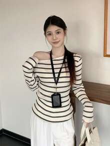 Autumn Oblique Collar Asymmetric Striped Slim Knit T-Shirt Top For Women - Apricot - View 2