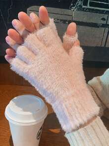 1 双人造毛皮半指手套，温暖柔软的女士无指手套，适合户外运动、秋冬季骑行，情人节的绝佳礼物 - 彩色 - 查看 6