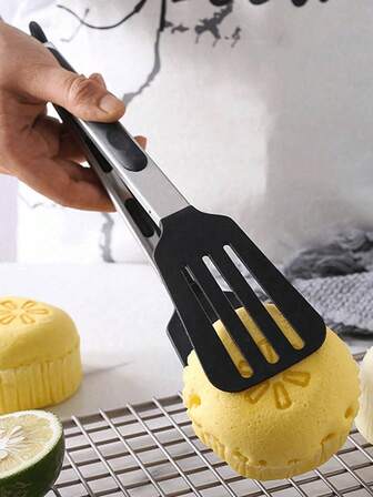 1pc Black Food Tongs, Heat Resistant Clamp Suitable For Steak, Fish, Bread, Barbecue And Food Grilling