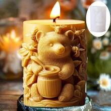 1 pezzo Stampo in silicone 3D a forma di orso e ape per candele/artigianato in resina - Stampo cilindrico con texture a nido d'ape e accenti floreali, forniture riutilizzabili per decorazione domestica fai-da-te e realizzazione di regali