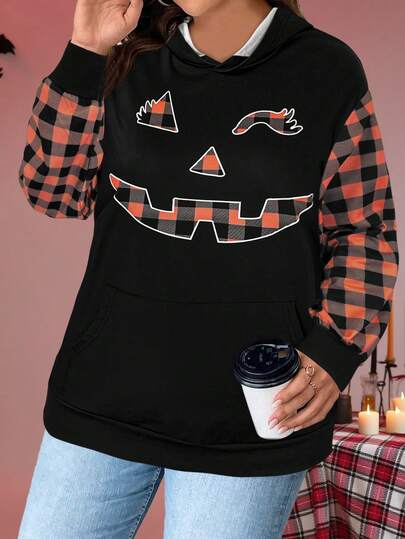 Women's Plus - Size Halloween Hoodie, Plaid - Patterned Sleeves & Pumpkin Face Design, Ideal For Festive & Casual Wear, Must - Have Fall Outfit, Stylish Halloween Attire