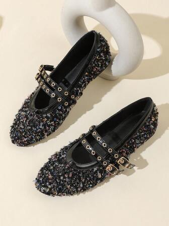 Damskor med rund tå och metallic accent, höst, moderiktiga slip-on-skor