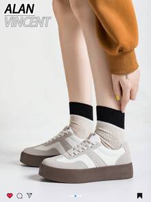 Alan Vincent 2025新款米白色女式休闲鞋，厚底运动鞋，女士日常百搭乐福鞋，舒适时尚，德军训练鞋 - 米色 - 查看 5