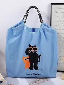 1个刺绣猫咪图案购物手提袋，大容量旅行包尼龙抽绳手提包