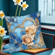 TOPSSCTR 4 Stücke, 2D Flach Digital Bedruckte Elegante Blumen & Schmetterling Dekorative Kissenbezüge - Einseitig Blau & Golden Blumen Bedrucktes Design, Weicher Polyesterstoff, 45x45 cm Quadratisch mit Reißverschluss, Maschinenwaschbar für Sofa, Schlafzimmer, Wohnzimmer Dekoration, Schlafzimmer Accessoires, Leuchtende Kissenbezüge