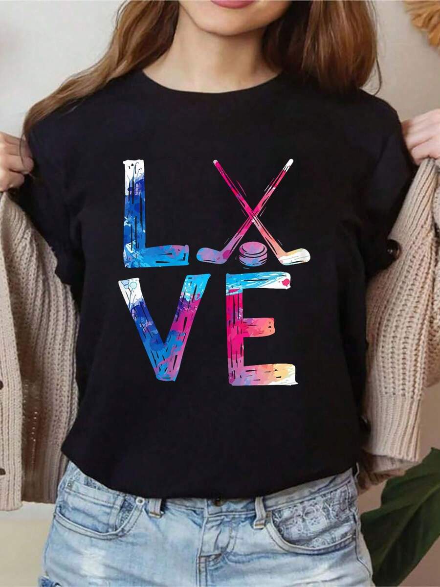 100% Cotton Love Hockey Girls Hockey Gifts Womens Hockey T-Shirt Graphic Shirt Women - Black - View 1