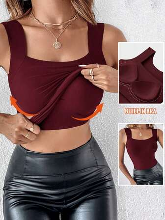 ChicMe Canotta da donna con reggiseno interno, senza cuciture, senza maniche, collo quadrato, elastica, aderente, casual, base per stratificazione
