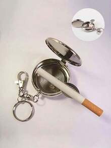 1PC Mini Cigarette Ashtray With Key Chain Smoking Accessories Stainless Steel Portable Round Shaped Silver Cigarette Supplies(Random Pattern)(Keychain Random) - Silver - View 1