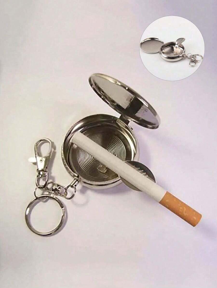 1PC Mini Cigarette Ashtray With Key Chain Smoking Accessories Stainless Steel Portable Round Shaped Silver Cigarette Supplies(Random Pattern)(Keychain Random) - Silver - View 1