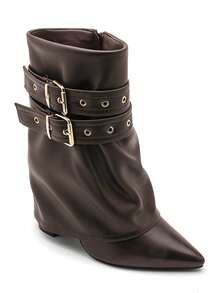 Bottines femme à talon bas avec doubles boucles dorées – style élégant en simili cuir - 棕色 - 查看 2