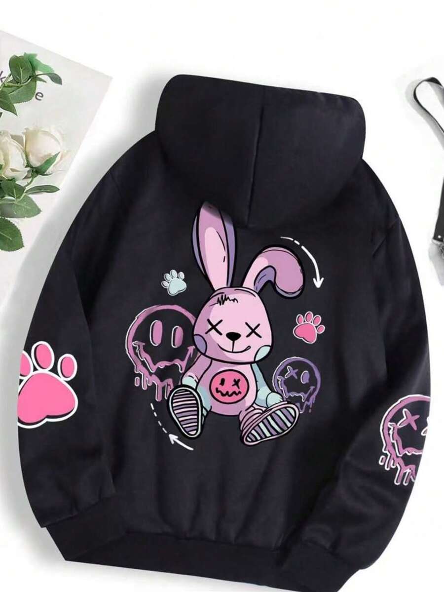 卡通图案袋鼠口袋抽绳连帽衫，长袖上衣 - 黑色 - 查看 1