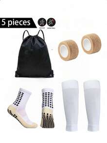 5pcs/Set Football Gear Set, Includes Waterproof Drawstring Bag, Non-Slip Football Socks, Leg Sleeves, Self-Adhesive Sports Bandage, High Leg Sleeves For Youth Sports Training