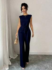 Palazzo mujer Casual de Escote Redondeado y Detalle cinturón, Pierna Amplia y Suelta para Mujer Primavera / Verano con elegancia sutil mono jumpsuit - Azul Marino - Ver 2