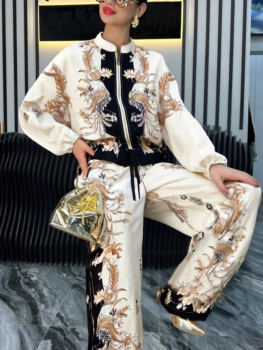 1 套波西米亚风格优雅十字交叉印花两件套服装，适合办公室、街头穿着、春夏季 - 黑色 - 查看 1