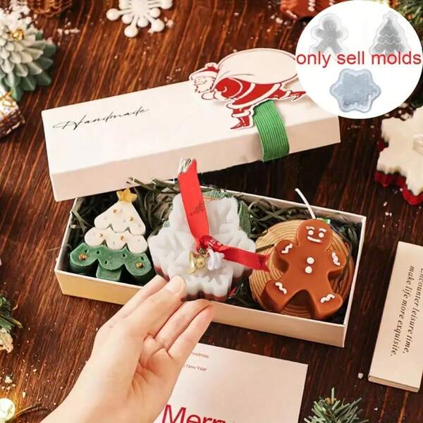 Set de 3 moldes flexibles de silicona de Navidad - Kit de manualidades y decoración del hogar para hacer regalos con diseños de árbol, copo de nieve y hombre de jengibre para hacer velas, artesanías de yeso, decoraciones navideñas y decoración de habitaciones, regalos de Navidad