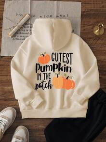 1pc Tween Girl Casual Pumpkin & Letter Print Pullover Sweatshirt, Loose Fit, Warm Thermal Lining, Suitable For Autumn/Winter, Halloween - Apricot - View 4