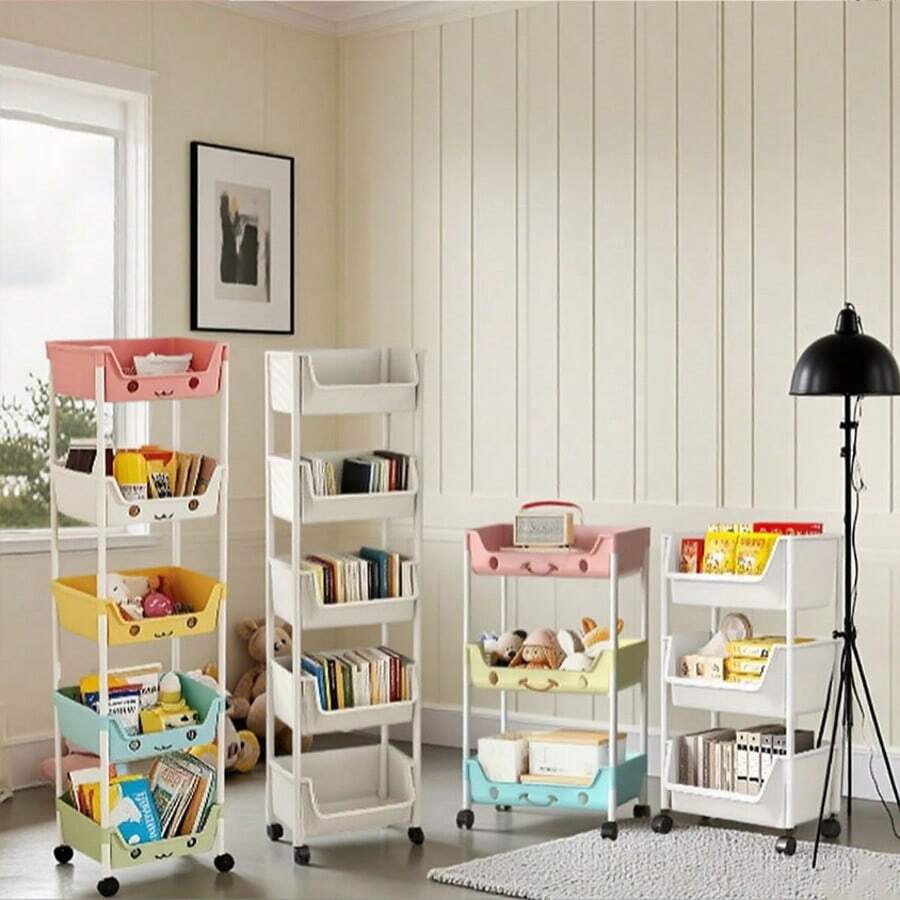 5-Tier Multi-Layer Rolling Storage Cart, Macaron White Plastic Multi-Purpose Trolley With Lockable Casters, Removable Mobile Organizer For Consumables And Sundries, Space-Saving Storage Shelf For Kitchen, Bathroom, Laundry Room, Dormitory And Living Room, Practical Household Organizer, Ideal Gift For Halloween, Christmas And Daily Use - Màu sắc macaron nhiều màu - Xem 1