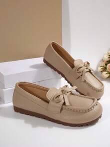 Women's Spring/Autumn New Collegiate Style Bow Decor Loafers, Non-Slip, Lightweight, Comfortable Soft Sole, Fashionable Mother Shoes - Khaki - View 2