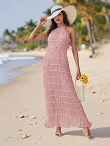 Women's Ruched Bodycon Long Dress Sleeveless Backless Solid Color Dress Cocktail Party Dress - Pink - View 8