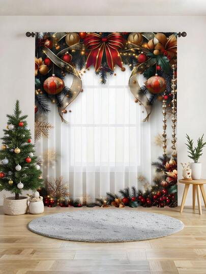1pc Christmas Decoration Sheer Curtain, Gold Balloons, Christmas Bow, Christmas Tree Decor For Living Room, Bedroom, Kitchen, 100g/Sq.M Christmas Decorations Christmas Decorations Home Room Decor Home Decor