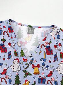 Women's Christmas Print Short Sleeve Scrub Top With Pockets, Snowman Pattern, Veterinary Uniform, V-Neck T-Shirt - Multicolor - View 3