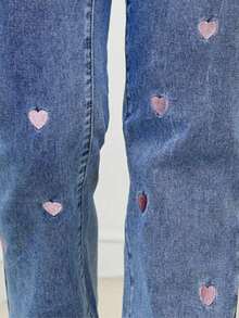 Women's Fashion Casual Plus Size Medium Wash Blue Elastic Denim Jeans With Pink Heart Embroidery, Comfortable & Soft, Suitable For Spring, Summer, Autumn, Winter - Medium Wash - View 7