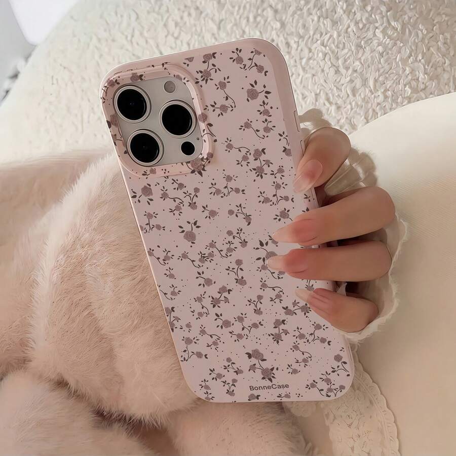 1pc Pink Matte Shell Full Screen Tiny Floral Pattern Phone Case, Personalized For IPhone 16 Pro Max, 17/16/15/14 Plus, 13/12/11, Air - Multicolor - View 1