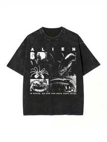 Alien Movie Theme Print Men's Washed And Distressed Print Round Neck Short Sleeve Casual T-Shirt - Black - View 1