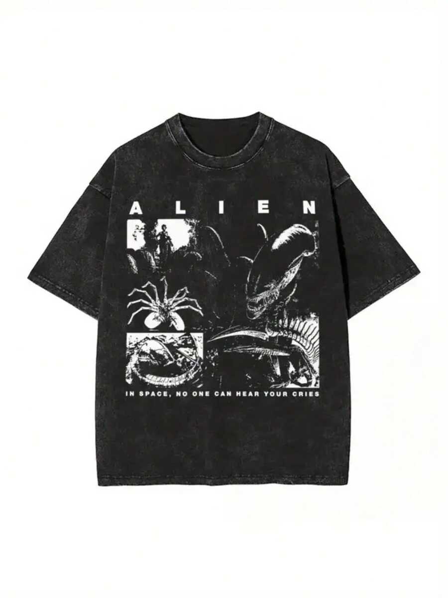 Alien Movie Theme Print Men's Washed And Distressed Print Round Neck Short Sleeve Casual T-Shirt - Black - View 1