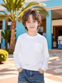 Tween Boy Classic Simple Pocket Decor White Long Sleeve T-Shirt, Suitable For Casual, Holiday, Layering With Various Outerwear