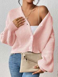 New Fashion Solid Color V-Neck Button Knit Cardigan For Women - Baby Pink - View 4