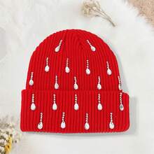 Knit Rhinestone Embellished Hat For Women, Winter Warm Beanies Cap For Outdoor Shopping, Dating, Ski - Đỏ - Xem 3