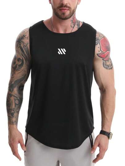 Men's Wide Shoulder Athletic Tank Top With Curved Hem Design Provides Natural Drape And Enhanced Layering, Suitable For Gym Weightlifting And Outdoor Hiking