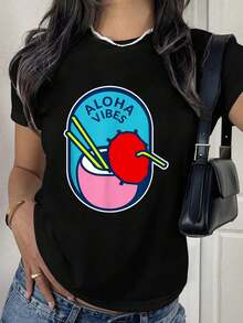 Camiseta negra de algodón de 180 g para mujer, de manga corta y cuello redondo, con estampado hawaiano vibrante. Camiseta informal de verano, suave y cómoda, perfecta para playa y vacaciones. Diseño hawaiano moderno. Tops de corte regular para looks a la moda. - Negro - Ver 2