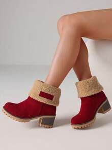 Winter Faux Fur Snow Boots For Women Platform Block Chunky Heels Pull On Comfortable Outdoor Suede Warm Boots - 紅色 - 查看 6