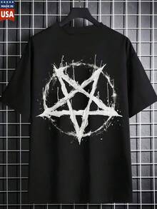 100 Percent Cotton Black T Shirt With Pentagram Design For Men Women Unisex Graphic Tee Shirts Fashion Casual Short Sleeve Top Made In USA - 黑色 - 查看 1