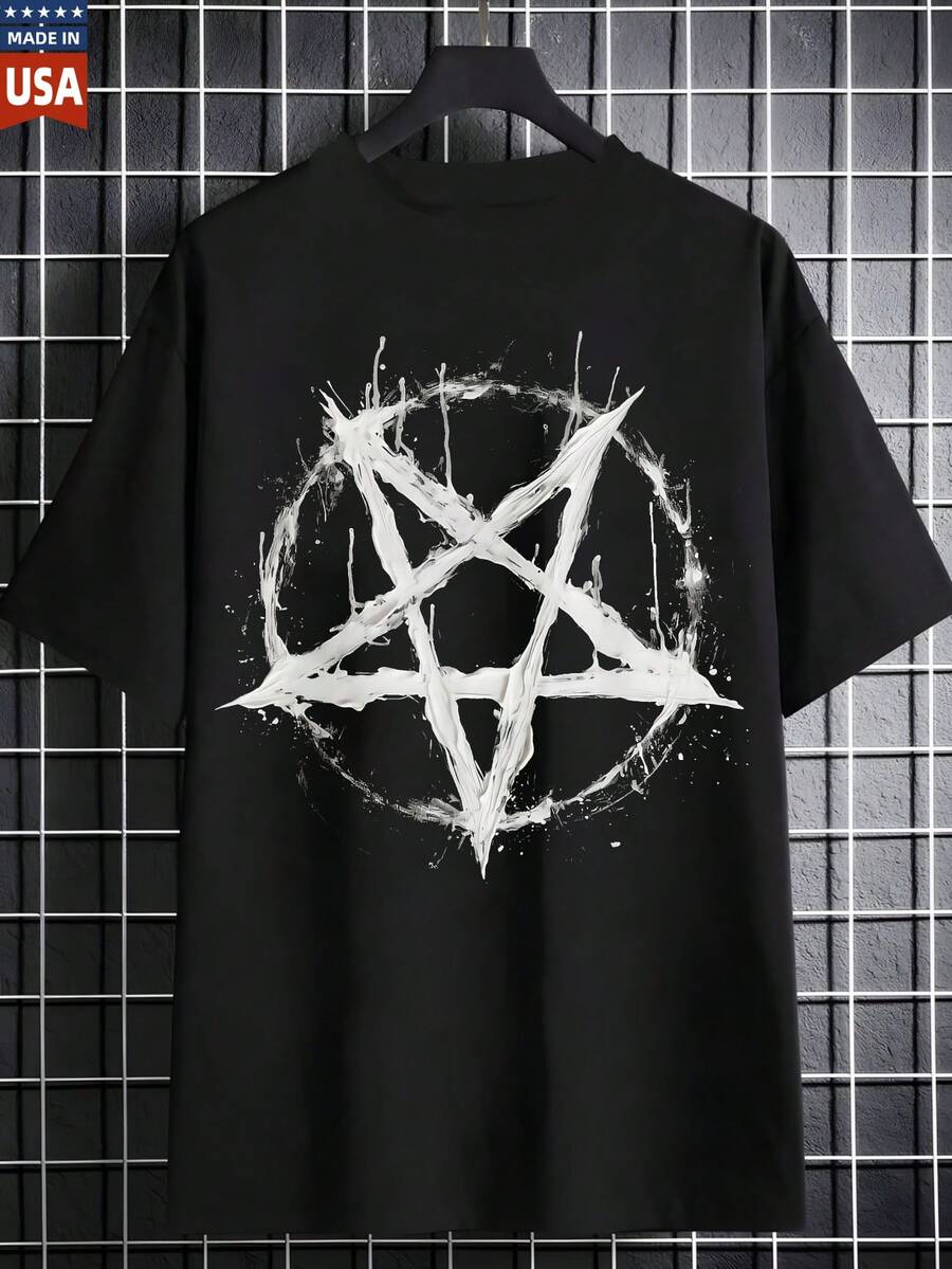 100 Percent Cotton Black T Shirt With Pentagram Design For Men Women Unisex Graphic Tee Shirts Fashion Casual Short Sleeve Top Made In USA - 黑色 - 查看 1