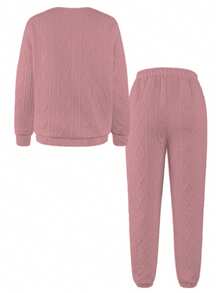 Relaxed Texture Pullover Pants, Long-Sleeved Round-Neck Sportswear And Jogging Pants Combination, Women's Clothing, High-Quality Textured Casual Pullover Set, Releasing A Sense Of Relaxation And Ease - 粉色 - 查看 5